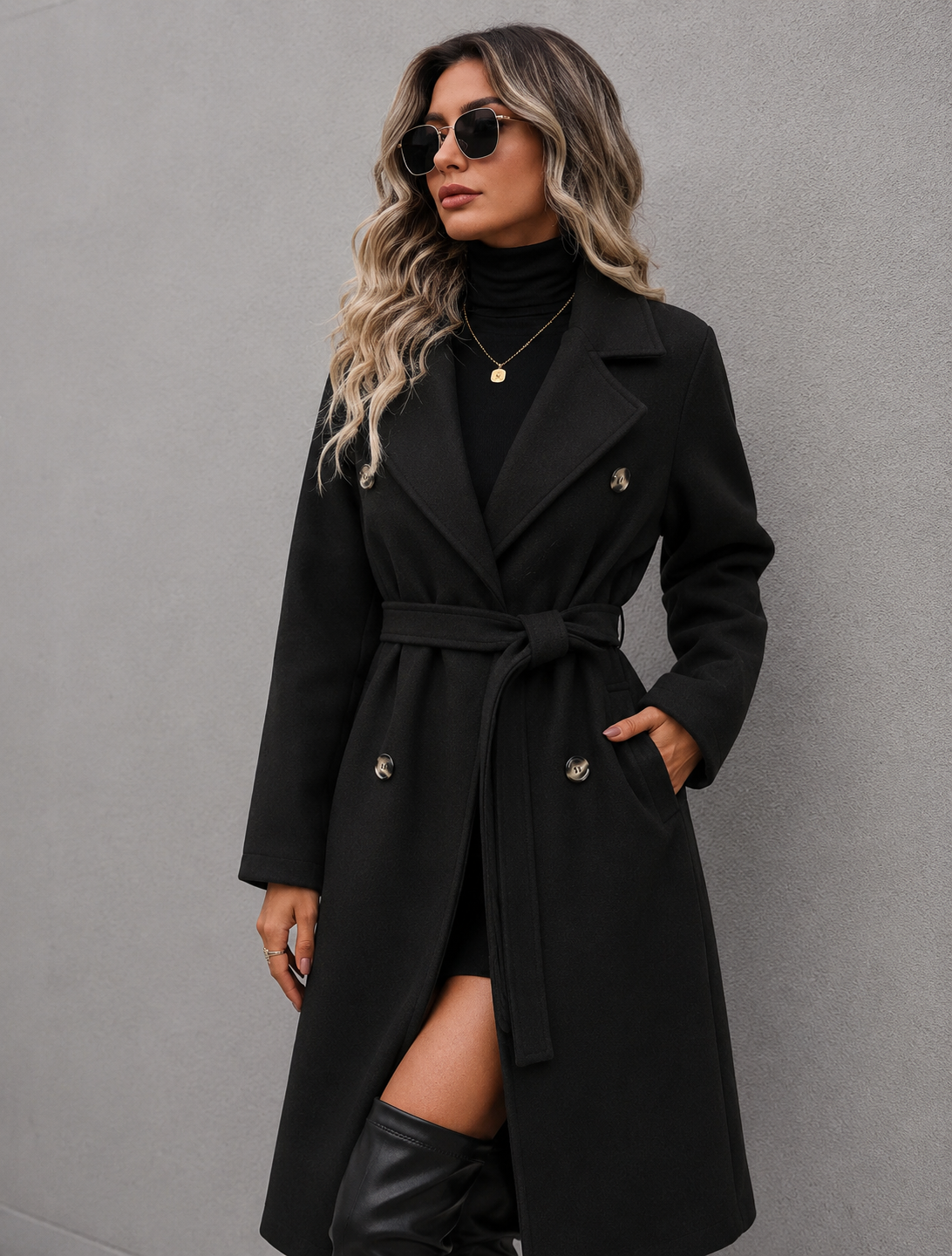 Double-Breasted Tie Waist Coat