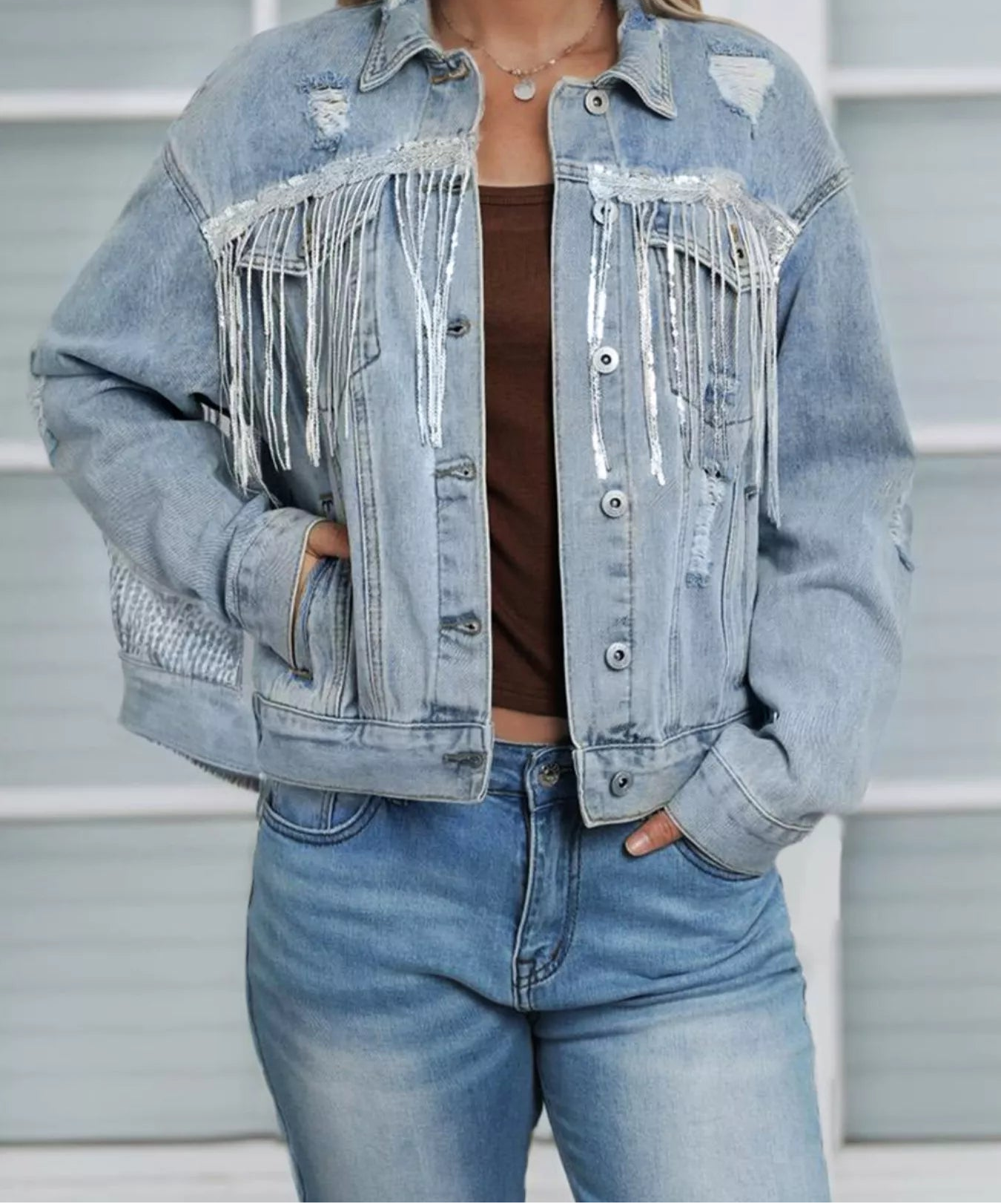 Fringed Sequin Embellished Denim Jacket