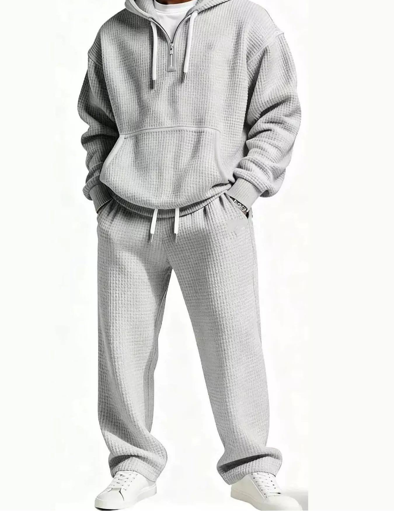 Men's Full Size Casual Waffle Knit Hoodie and Pants Set Plus Size