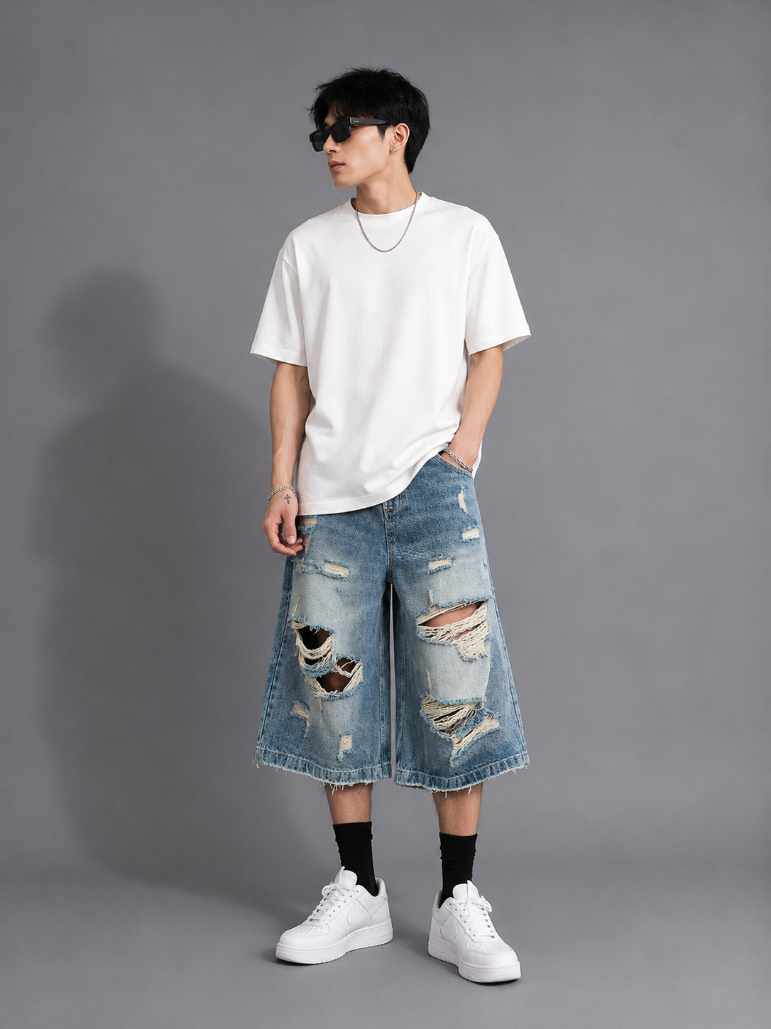 Men's Full Size Distressed Wide Leg Denim Shorts Plus Size