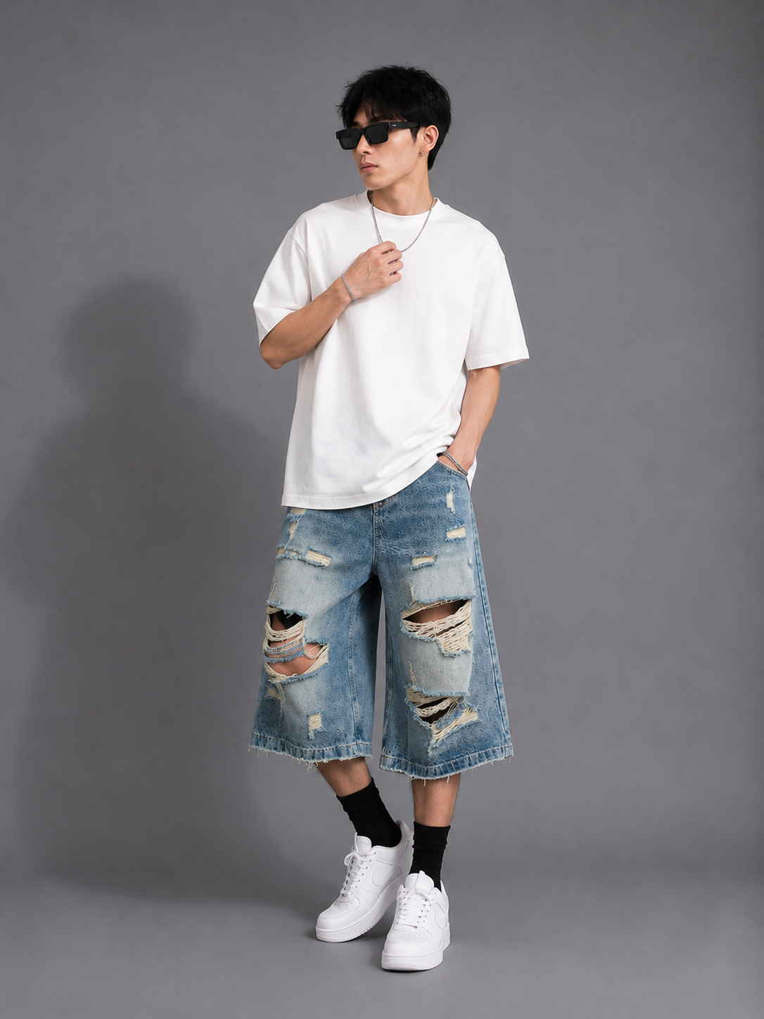 Men's Full Size Distressed Wide Leg Denim Shorts Plus Size