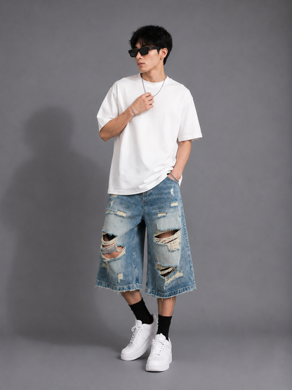 Men's Full Size Distressed Wide Leg Denim Shorts Plus Size