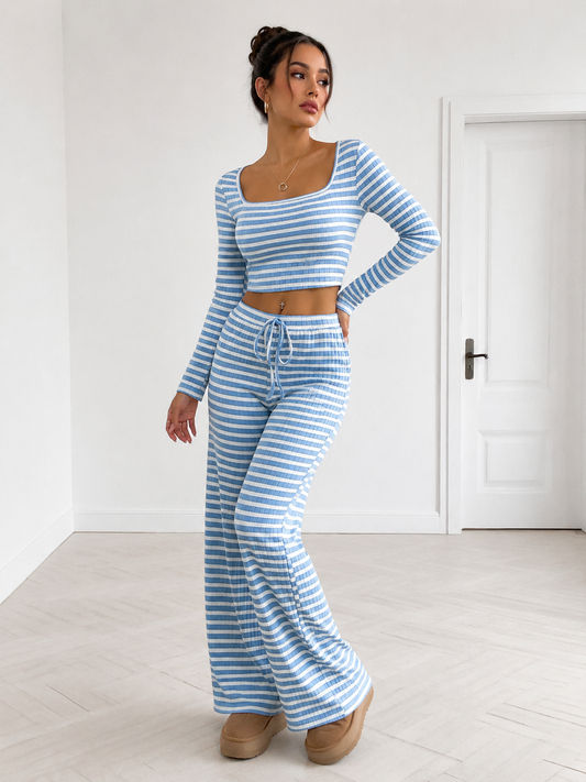 Striped Square Neck Long Sleeve Top and Pants Lounge Set