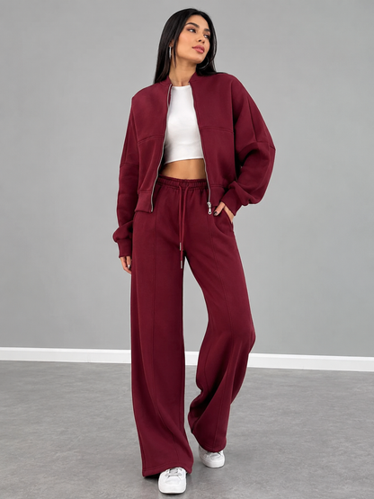 Baseball Collar Zip Up Outerwear and Drawstring Pants Set
