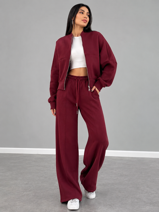 Baseball Collar Zip Up Outerwear and Drawstring Pants Set