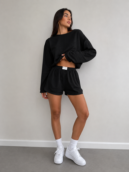 Eyelet Round Neck Top and Shorts Set