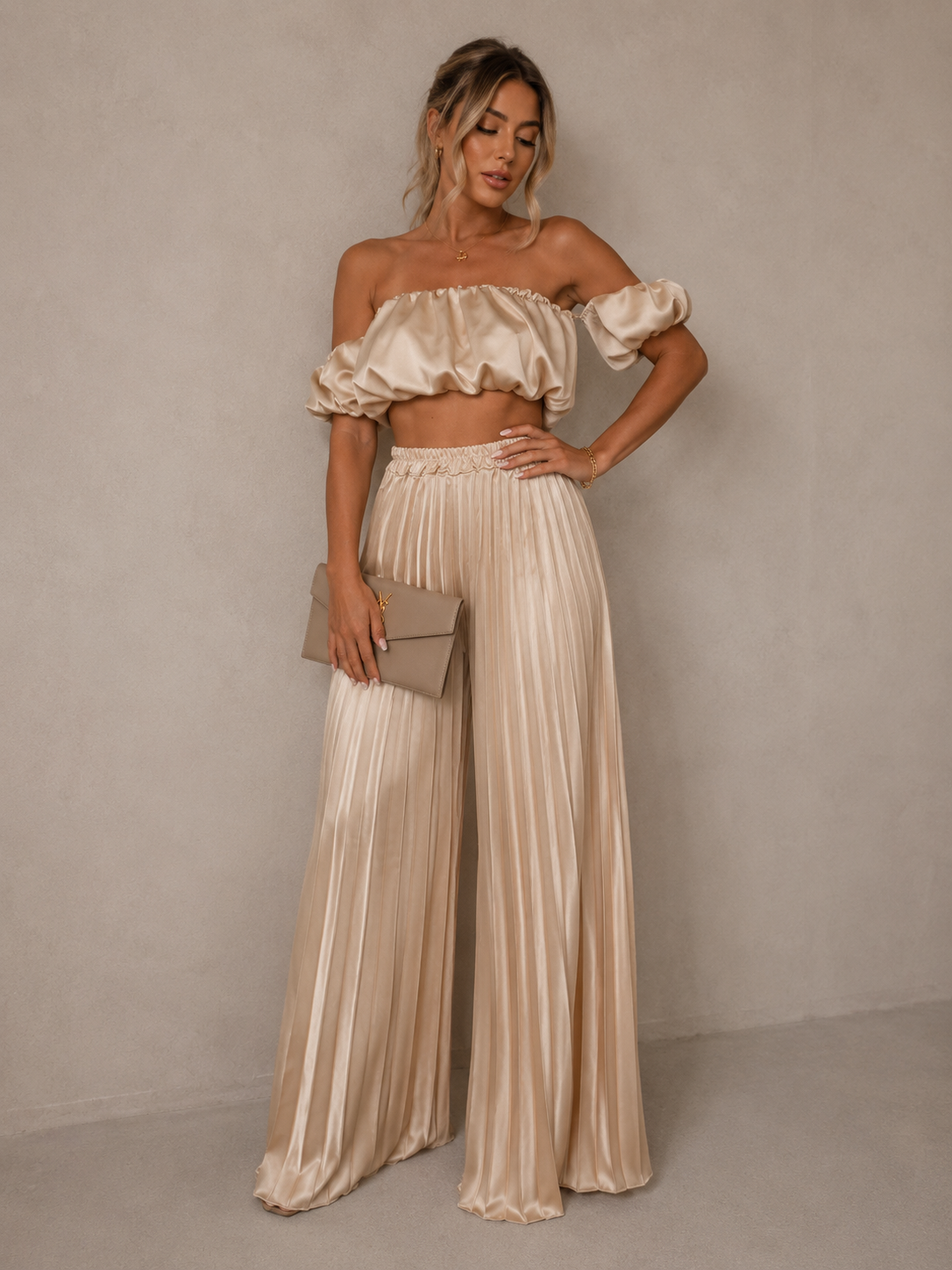 Off-Shoulder Top and Pleated Pants Set