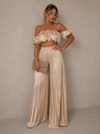 Off-Shoulder Top and Pleated Pants Set