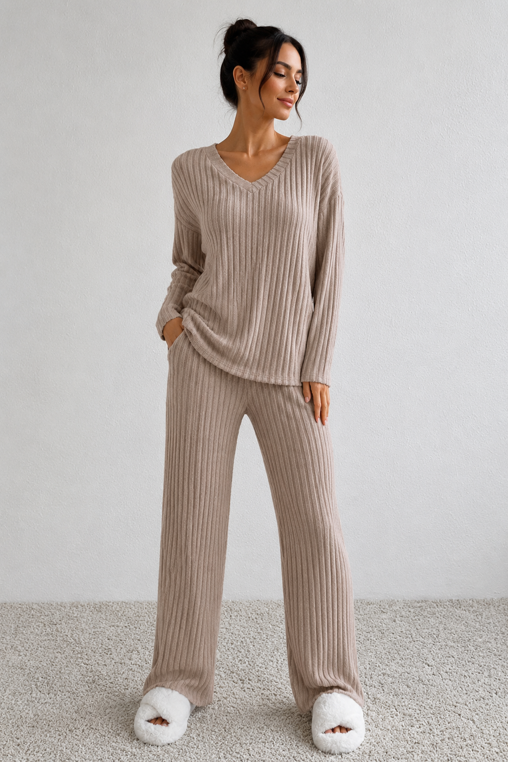 Ribbed V-Neck Top and Pants Set