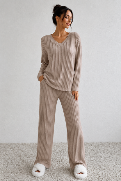 Ribbed V-Neck Top and Pants Set