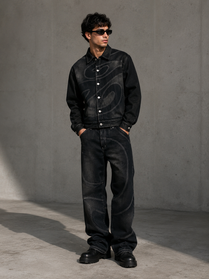Men's Vintage Black Denim Two-Piece Set
