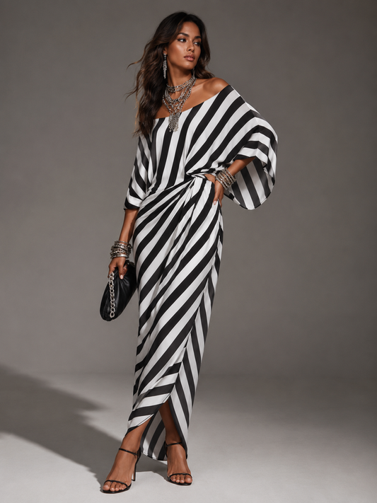 Black & White Stripe Wrap Maxi Dress