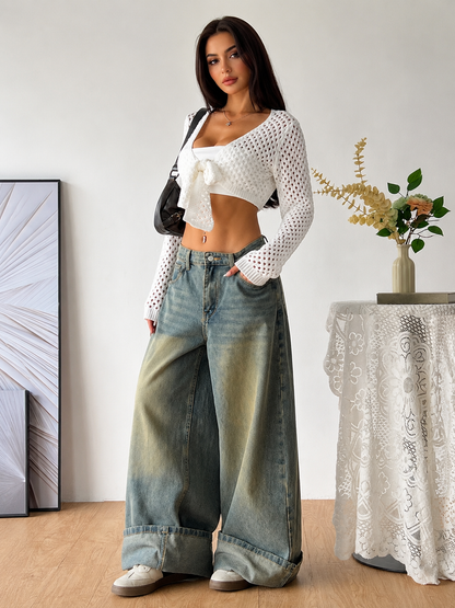 White Lace Knit Crop Sweater