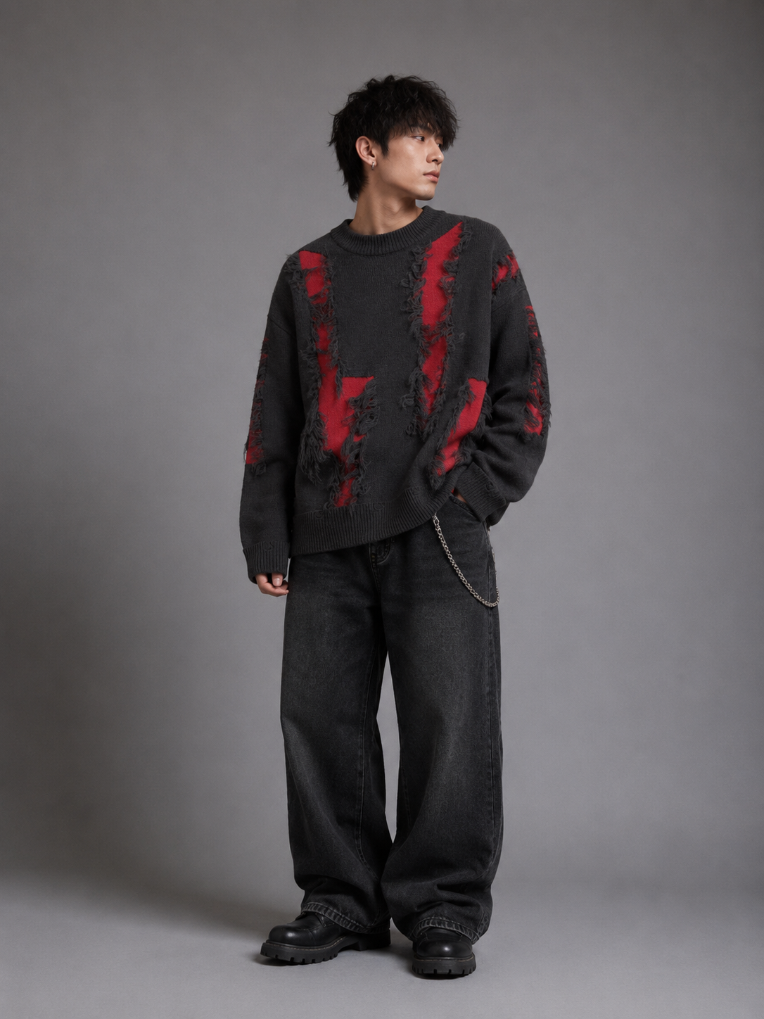 Crimson Slash Distressed Sweater