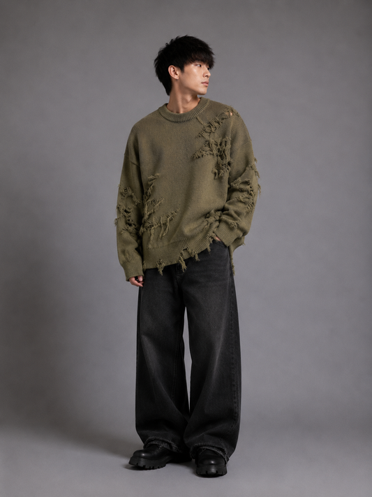 Olive Grunge Ripped Sweater