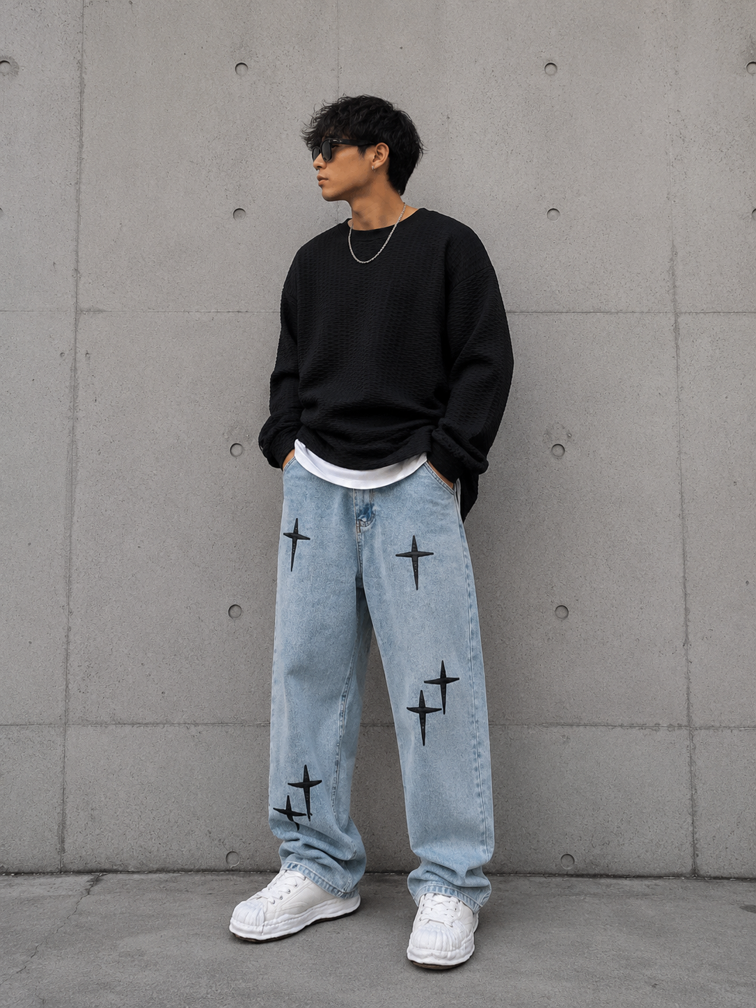Vintage Cross Print Loose Fit Jeans