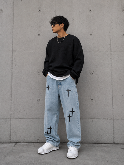 Vintage Cross Print Loose Fit Jeans