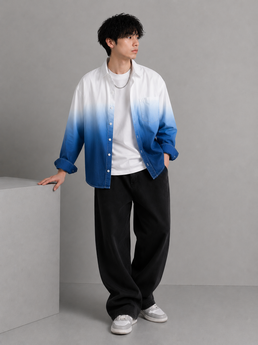 Men's Plus Size Gradient Button Up Long Sleeve Shirt