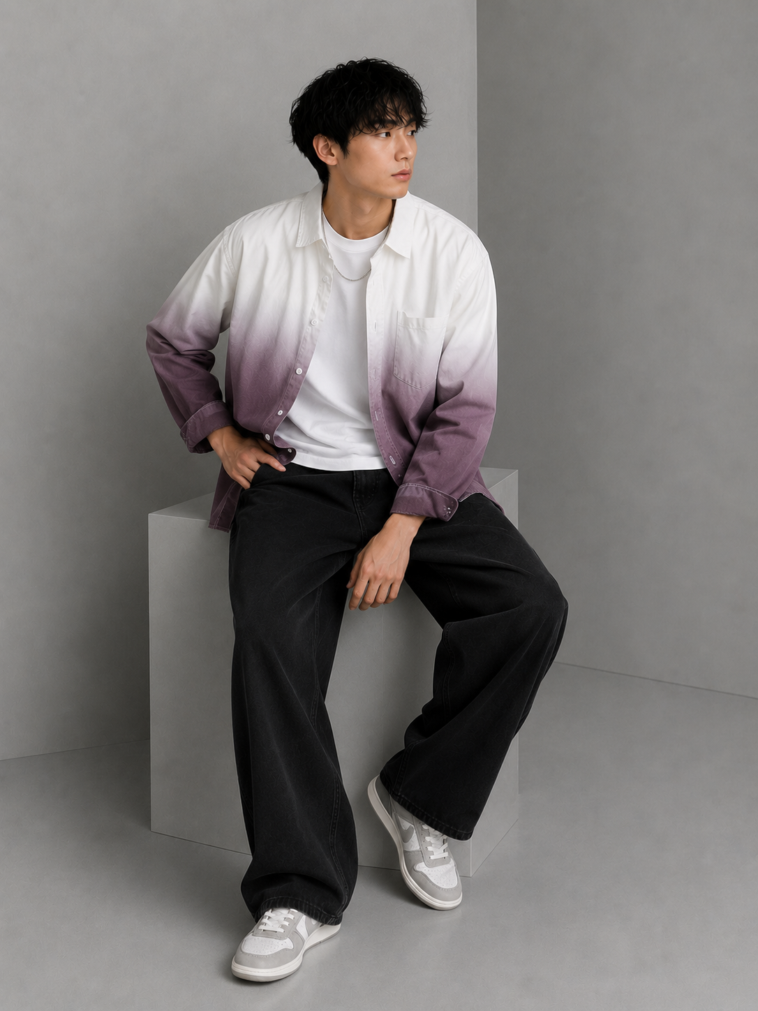 Men's Plus Size Gradient Button Up Long Sleeve Shirt