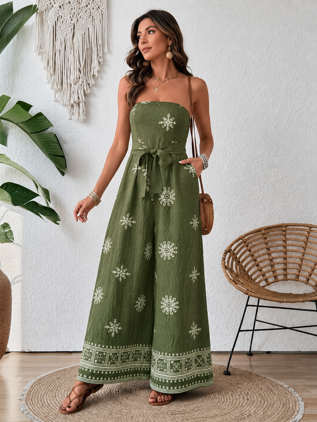 Printed Wide Leg Tube Jumpsuit