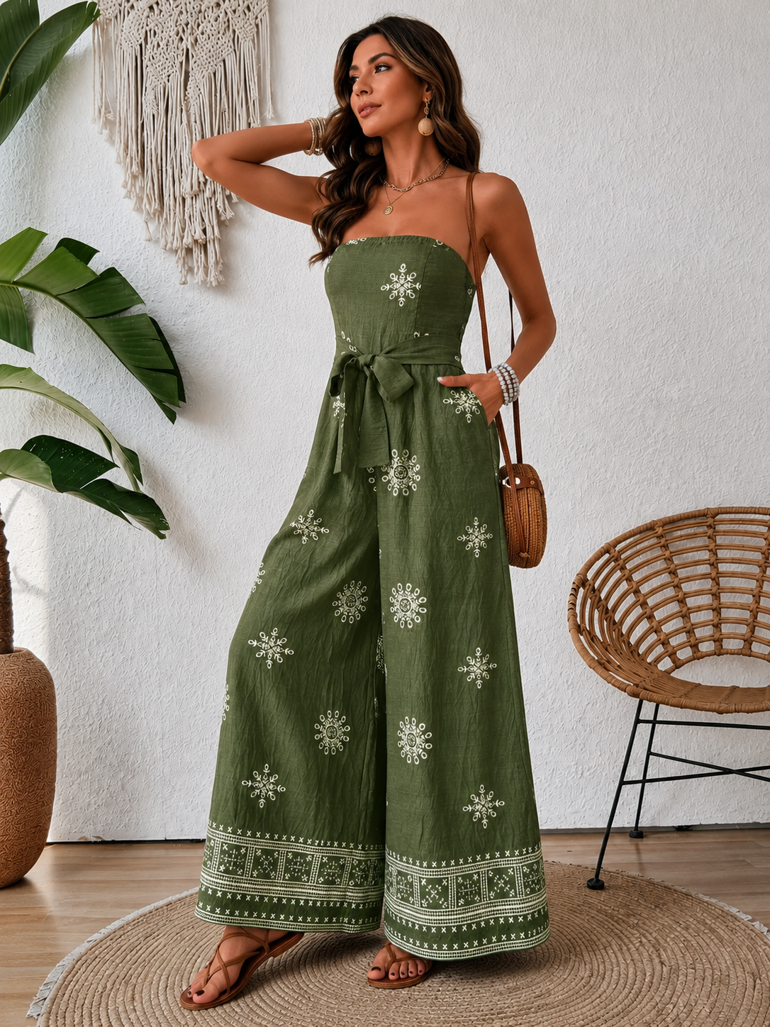 Printed Wide Leg Tube Jumpsuit