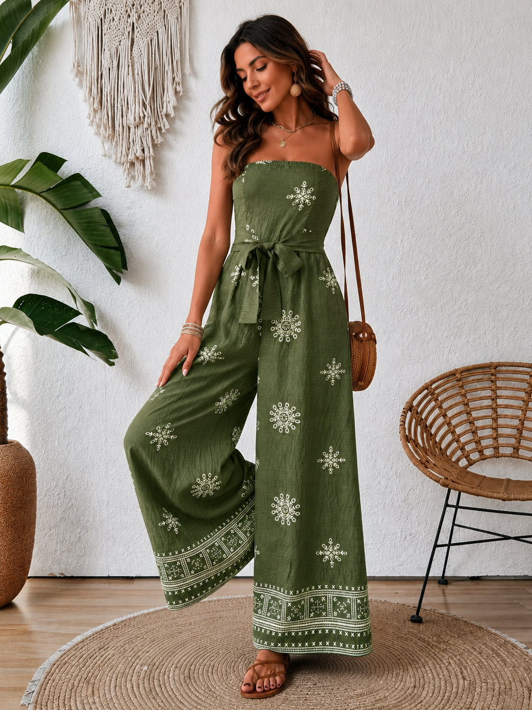 Printed Wide Leg Tube Jumpsuit