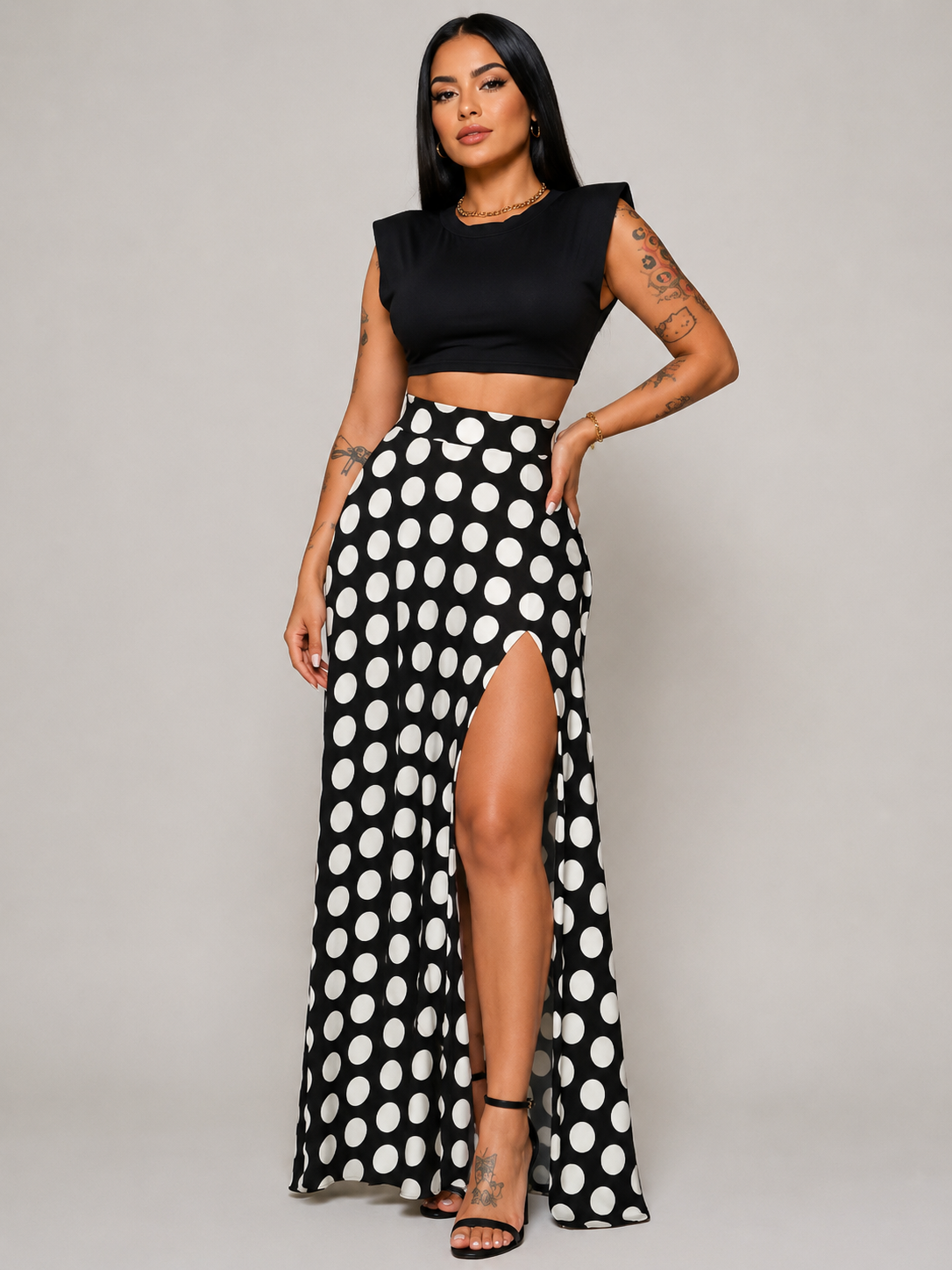 Polka Dot High Slit Maxi Skirt
