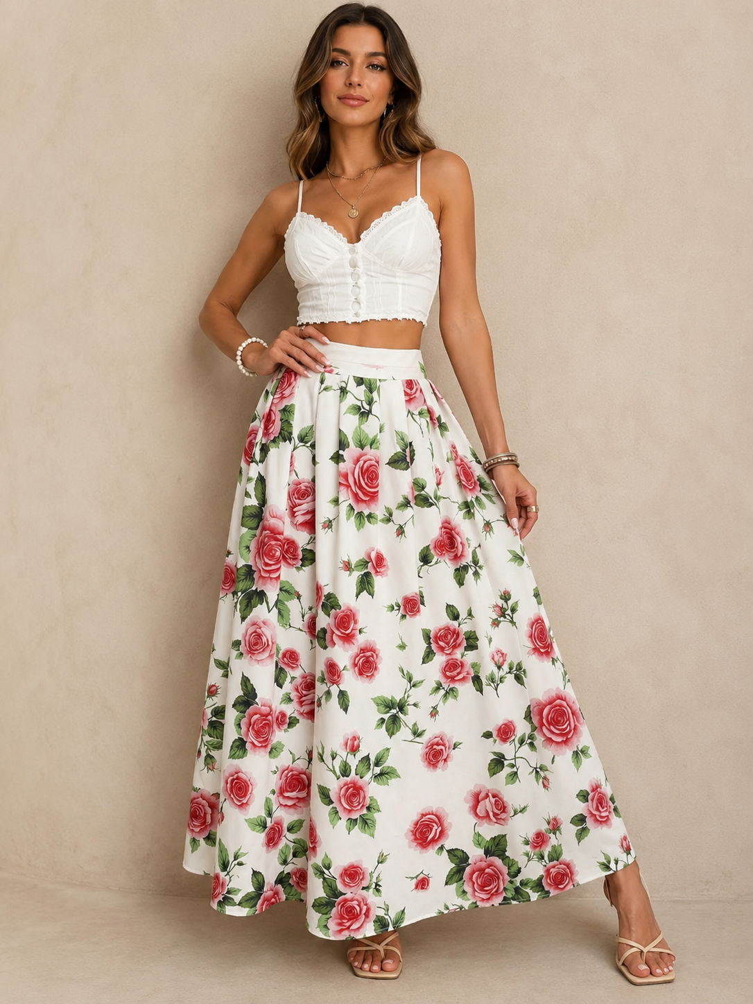 Rose Print Flowy Maxi Skirt