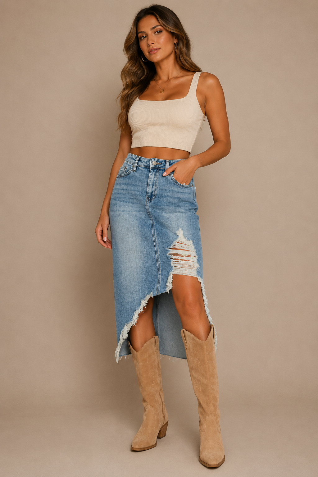 Distressed Asymmetrical Denim Skirt with Frayed Hem