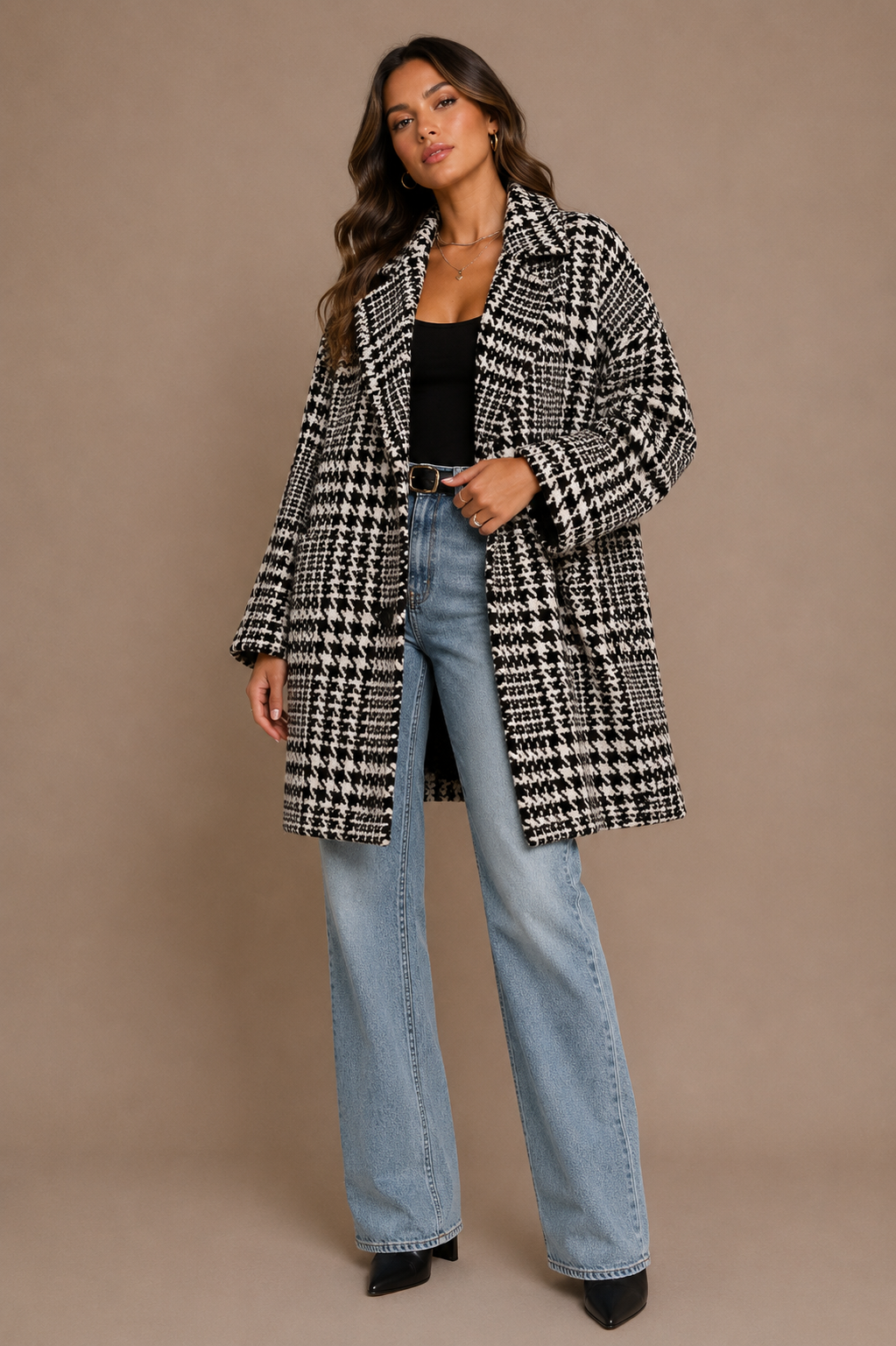 Houndstooth Collared Neck Long Sleeve Coat with Pockets