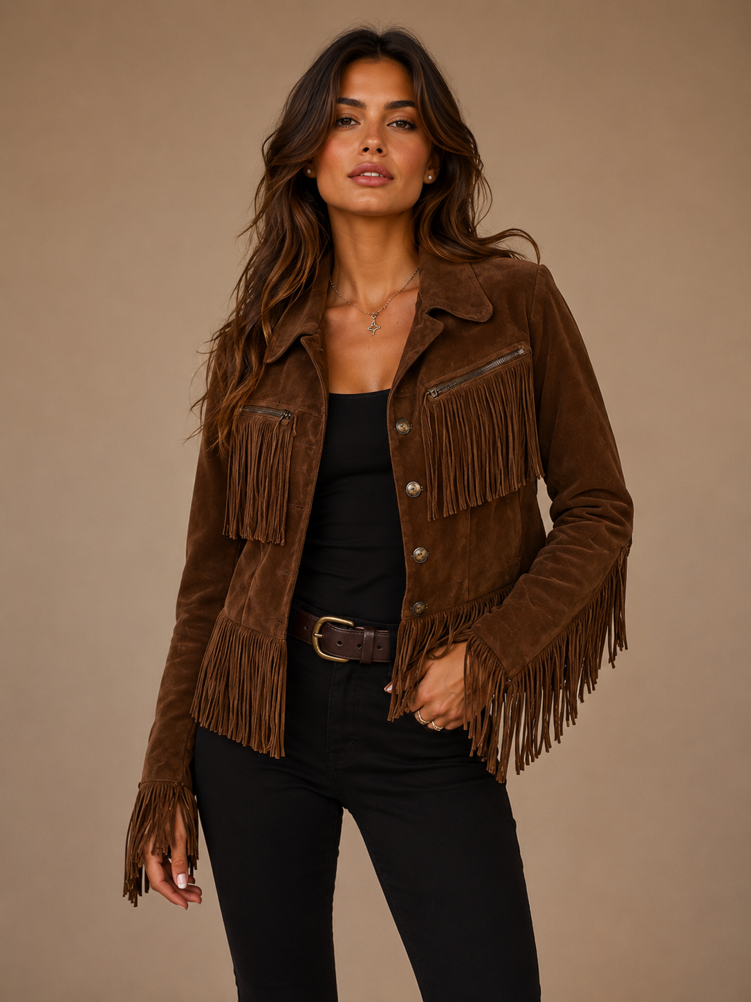 Suede Fringe Button Up Jacket