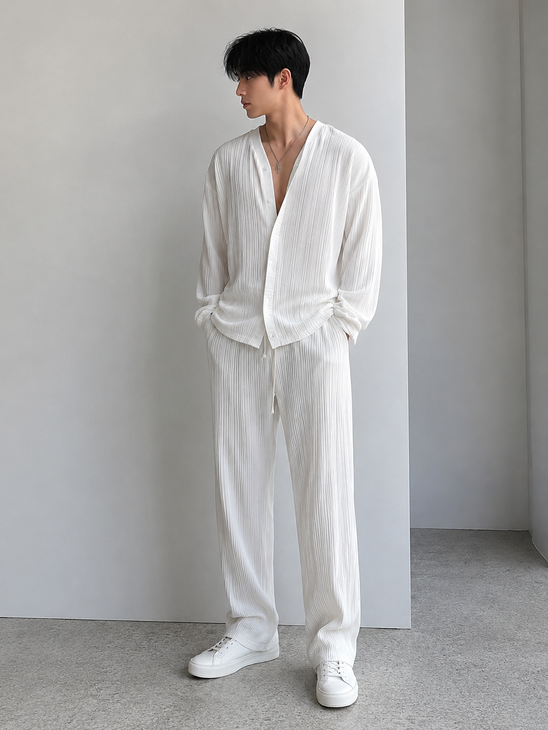 Men's Full Size Textured Button Up Shirt and Pants Set Plus Size