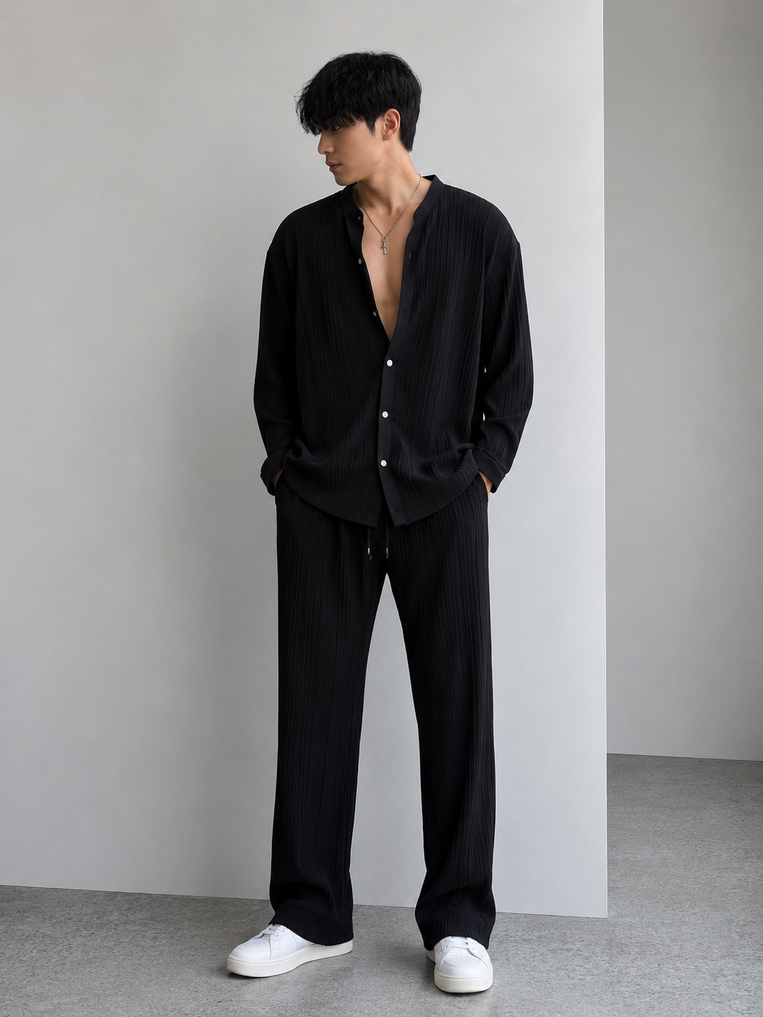 Men's Full Size Textured Button Up Shirt and Pants Set Plus Size