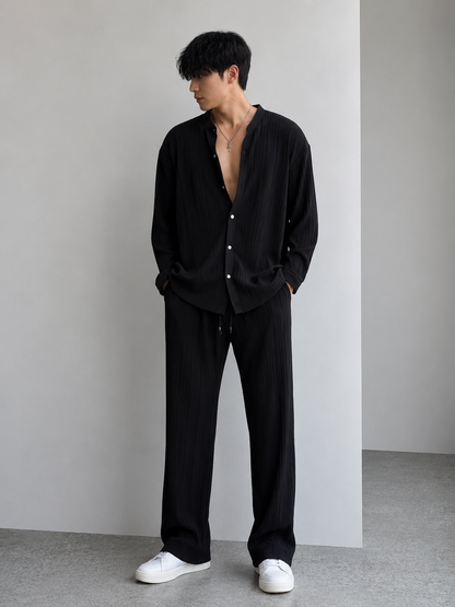 Men's Full Size Textured Button Up Shirt and Pants Set Plus Size