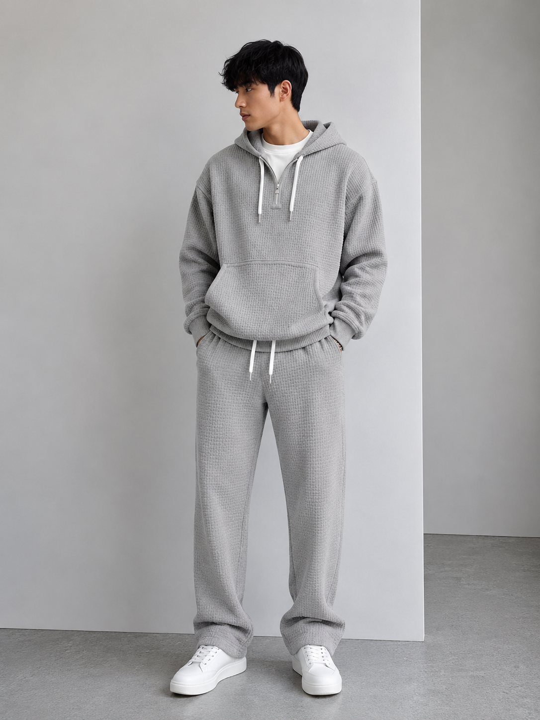 Men's Full Size Casual Waffle Knit Hoodie and Pants Set Plus Size