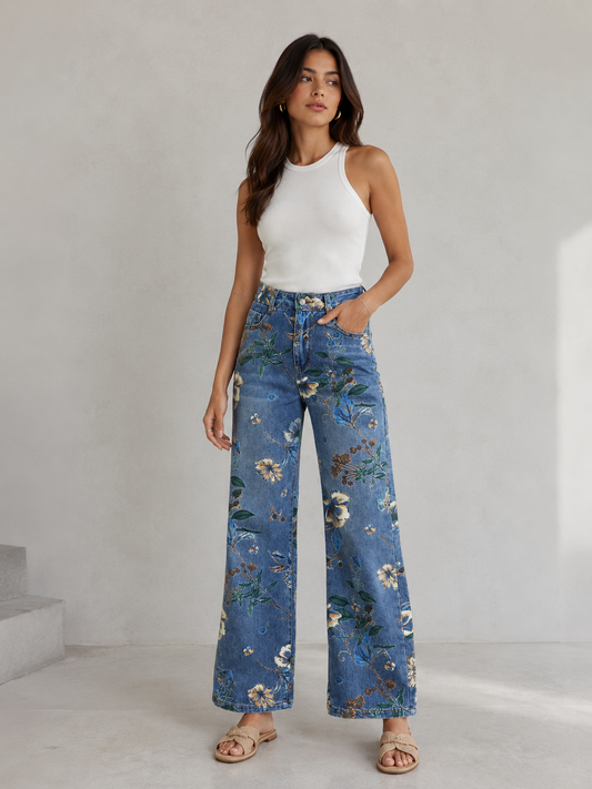Floral Print Wide Leg Jeans