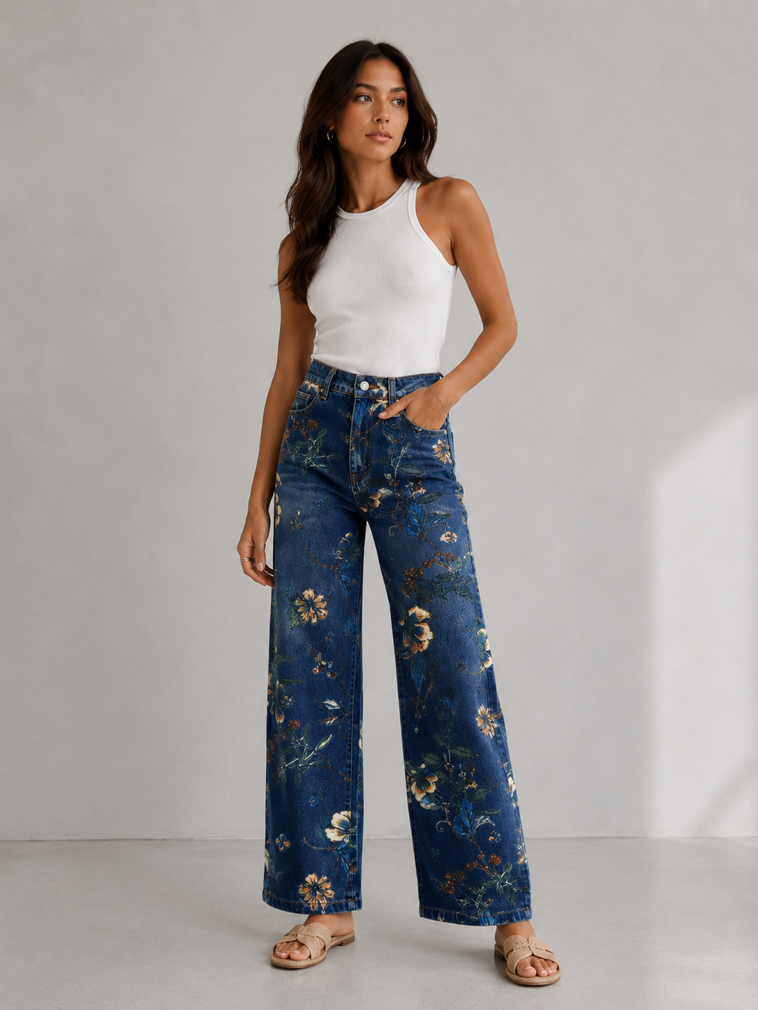 Floral Print Wide Leg Jeans
