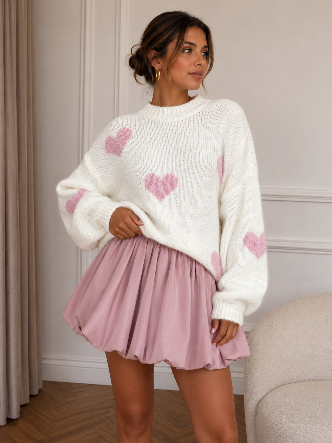 Heart Round Neck Knitted Sweater