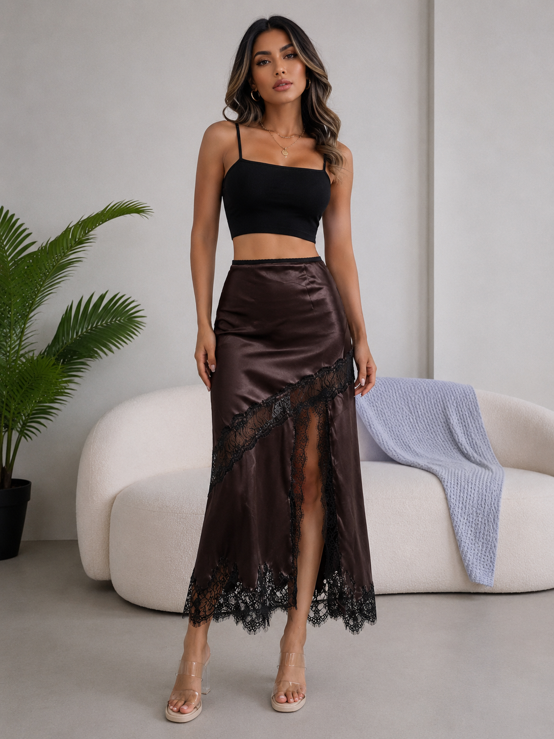 Lace Trim Asymmetrical Midi Skirt