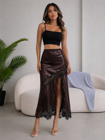 Lace Trim Asymmetrical Midi Skirt