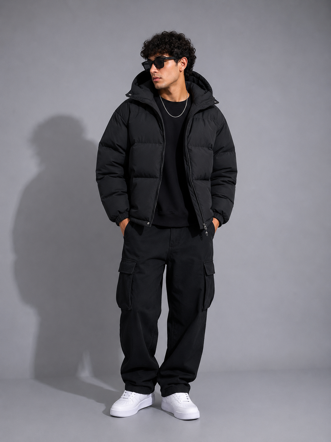 Men's Plus Size Hooded Puffer Jacket with Drawstring Hem