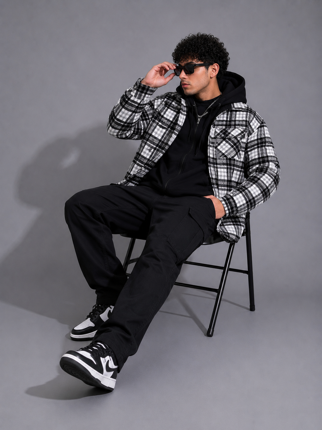 Men's Plus Size Drawstring Hooded Plaid Shirt Jacket