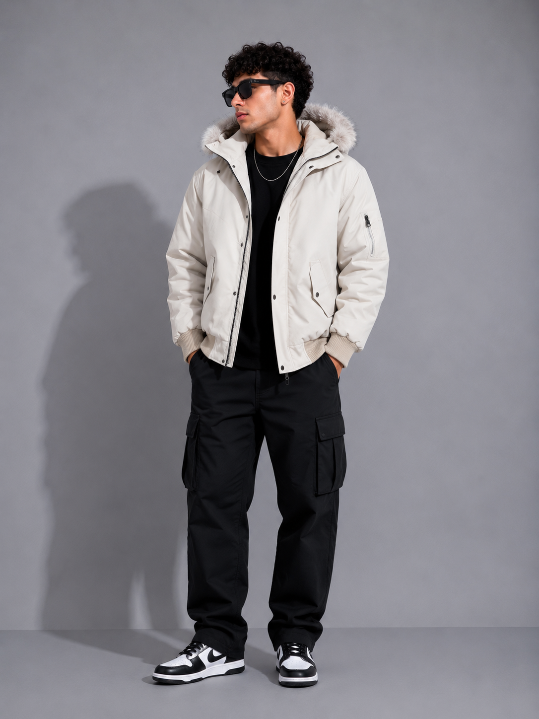 Men's Plus Size Faux Fur Hooded Padded Bomber Jacket