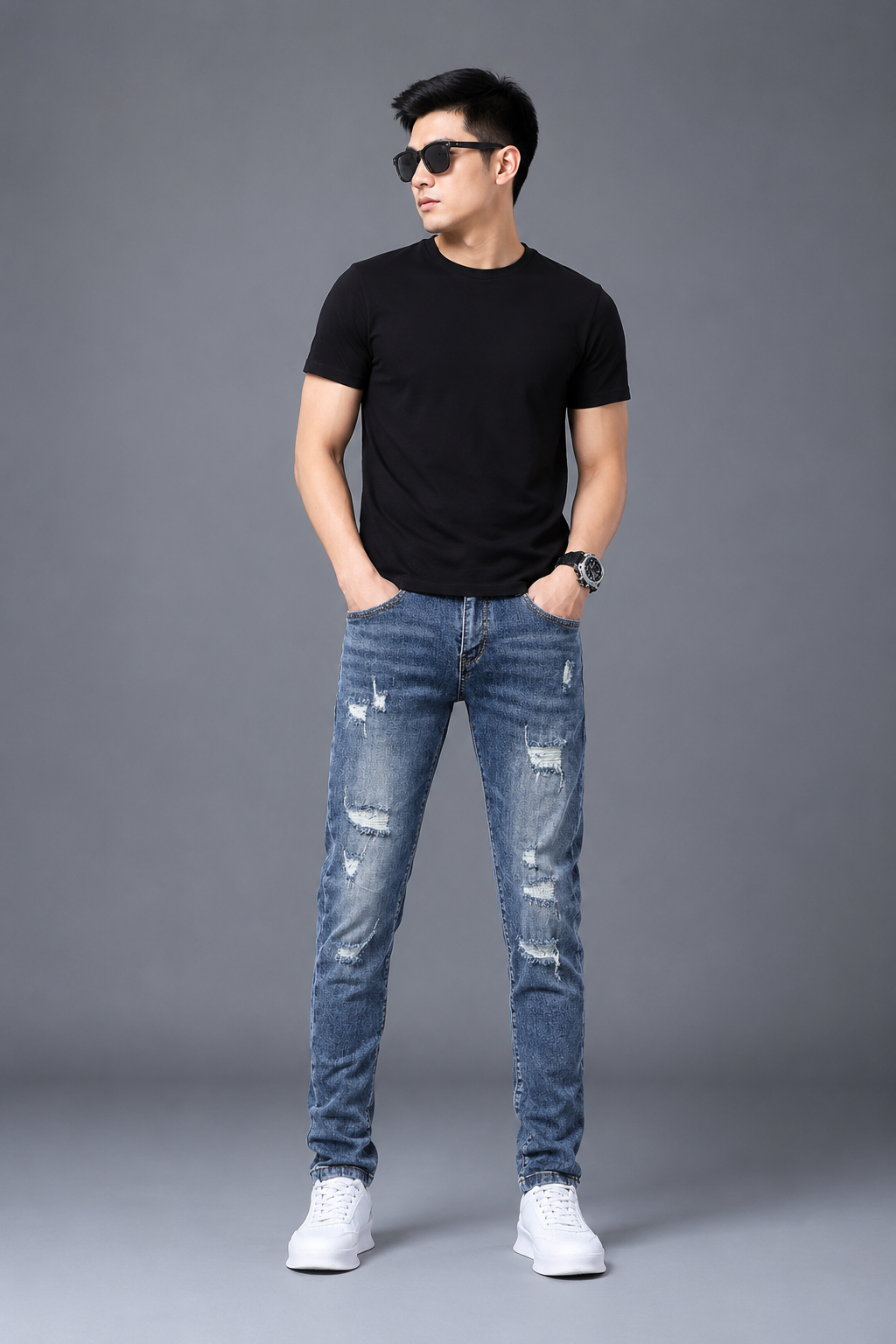 Men's Distressed Slim Fit Ripped Jeans