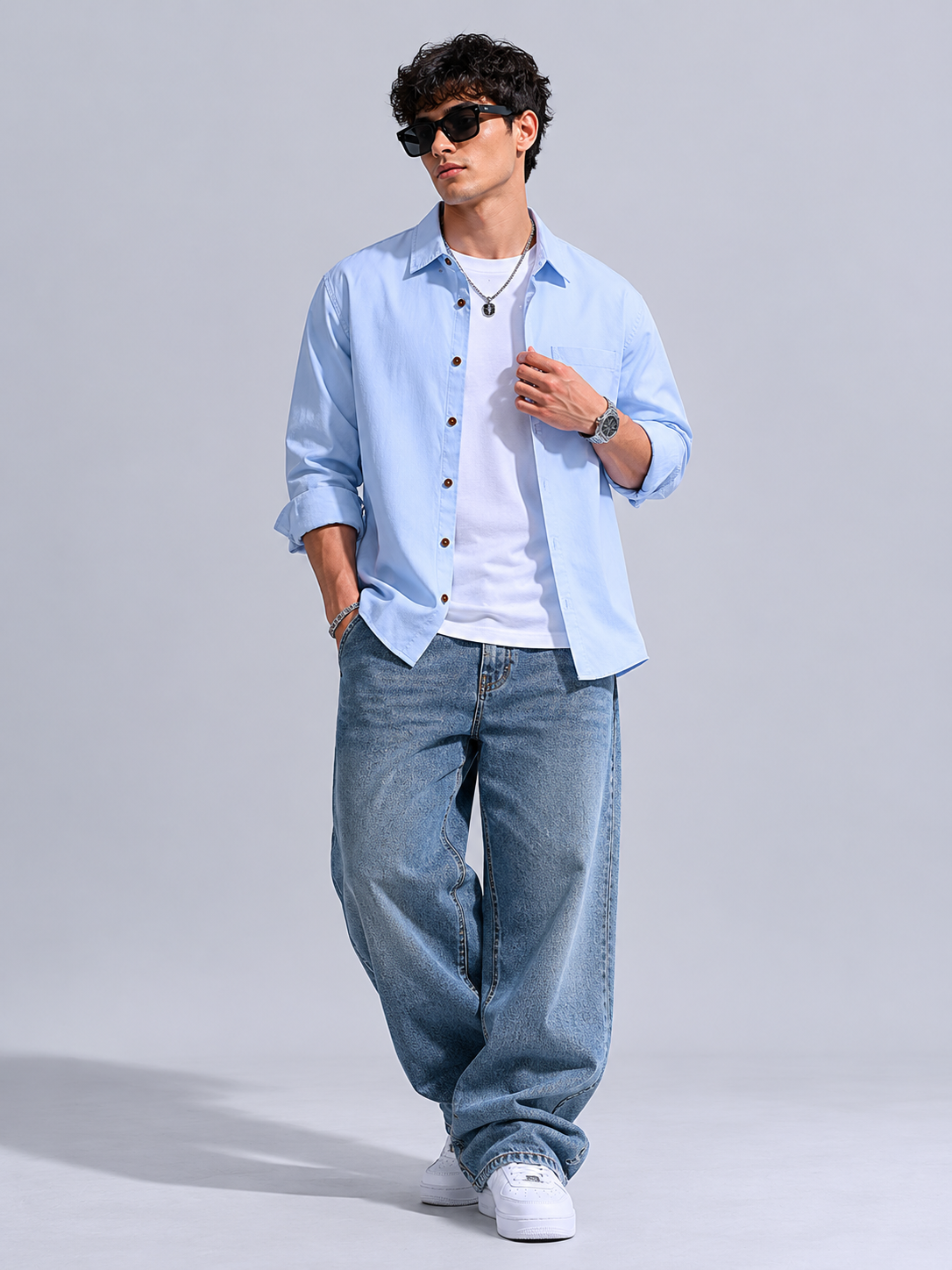Men's Plus Size Button-Up Shirt with Rolled Sleeves