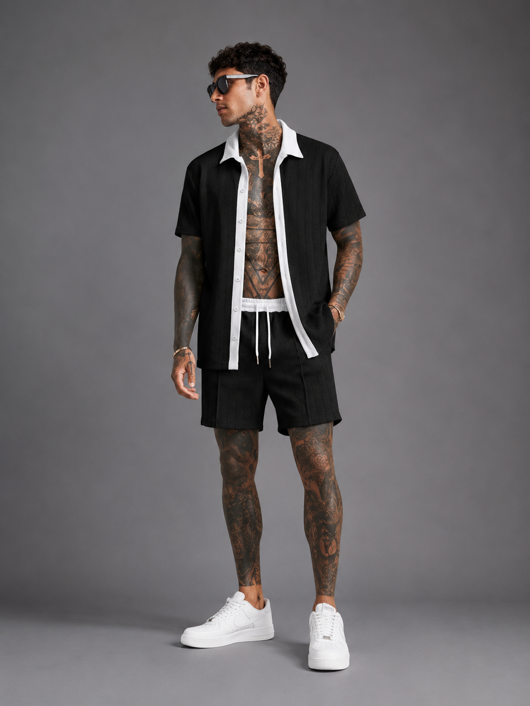 Men's Full Size Collared Neck Short Sleeve Top and Shorts Set Plus Size