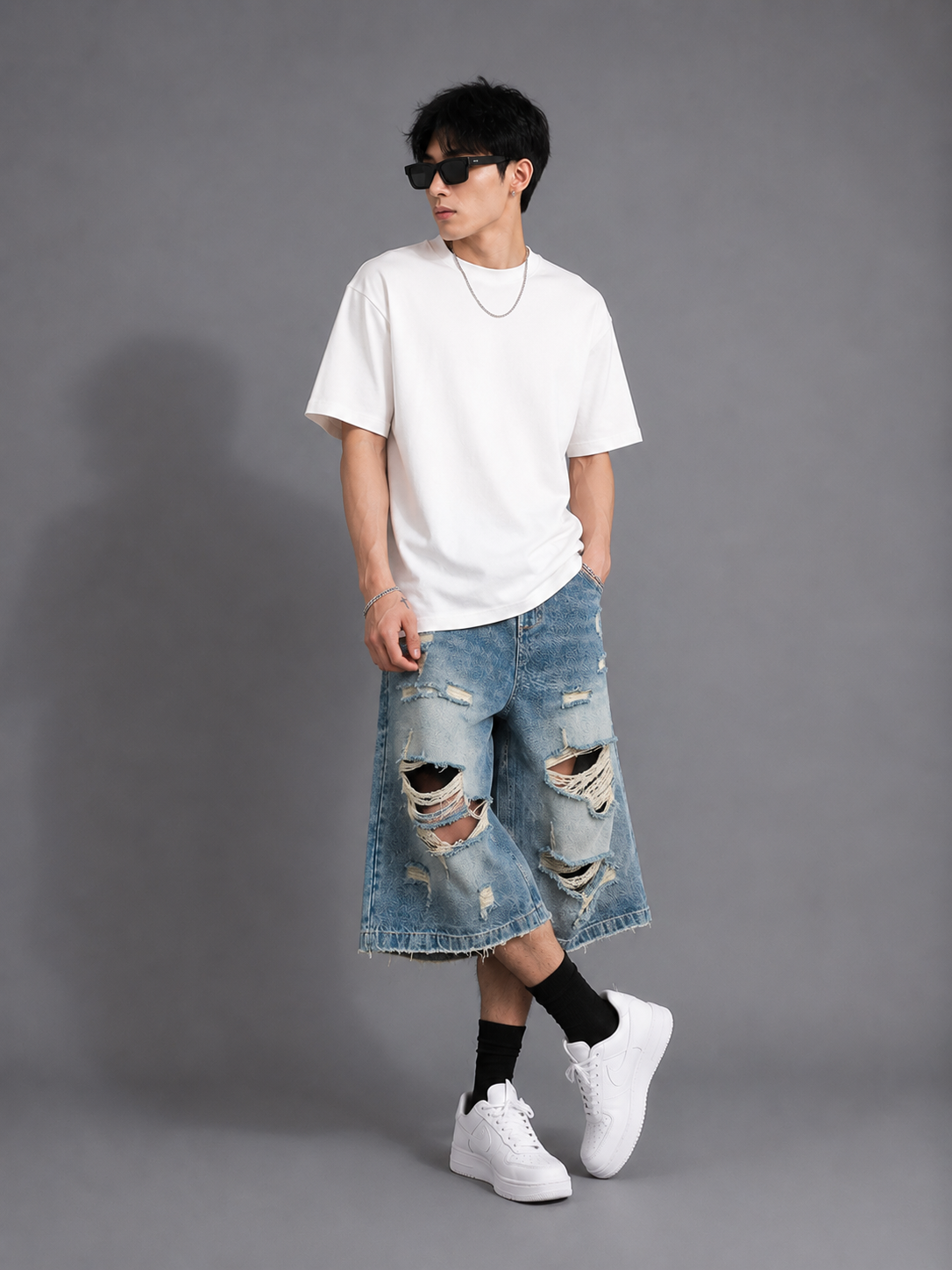 Men's Full Size Distressed Wide Leg Denim Shorts Plus Size