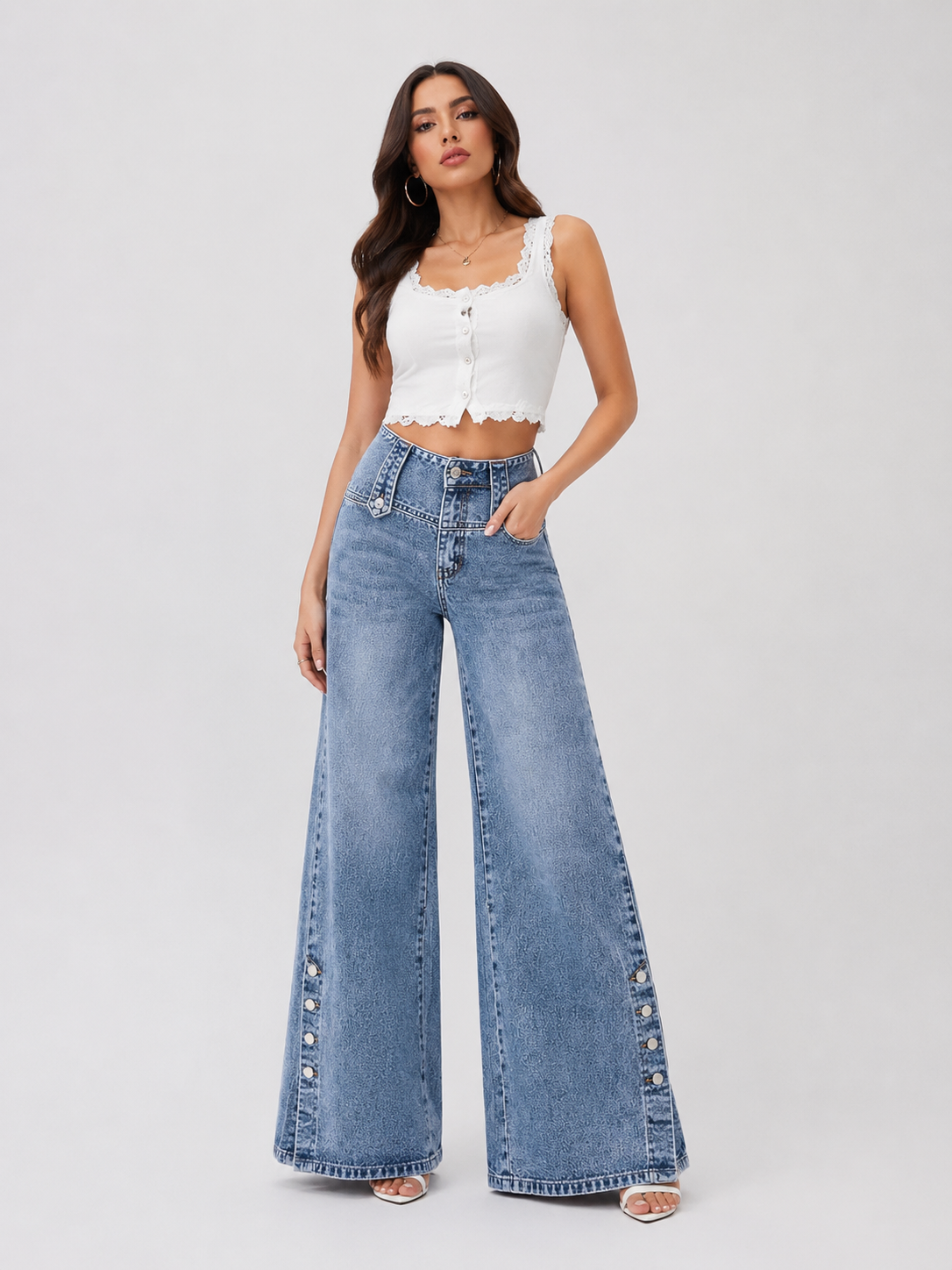 High Waist Button Decor Wide Leg Jeans