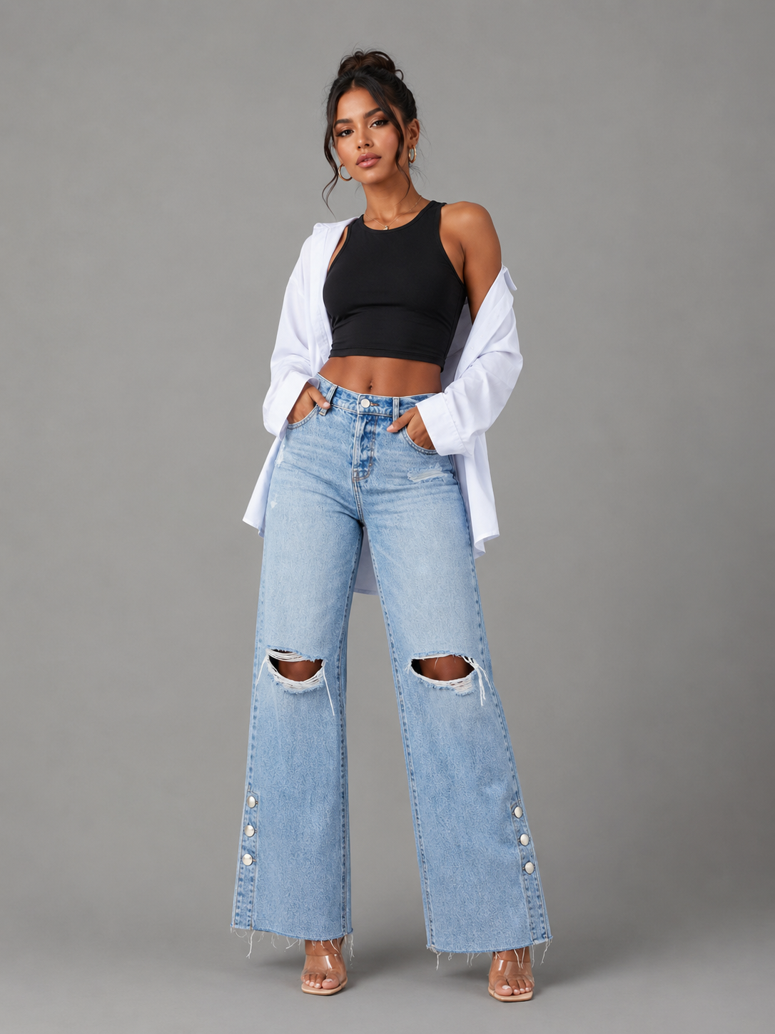 Distressed Straight Leg Jeans with Pockets