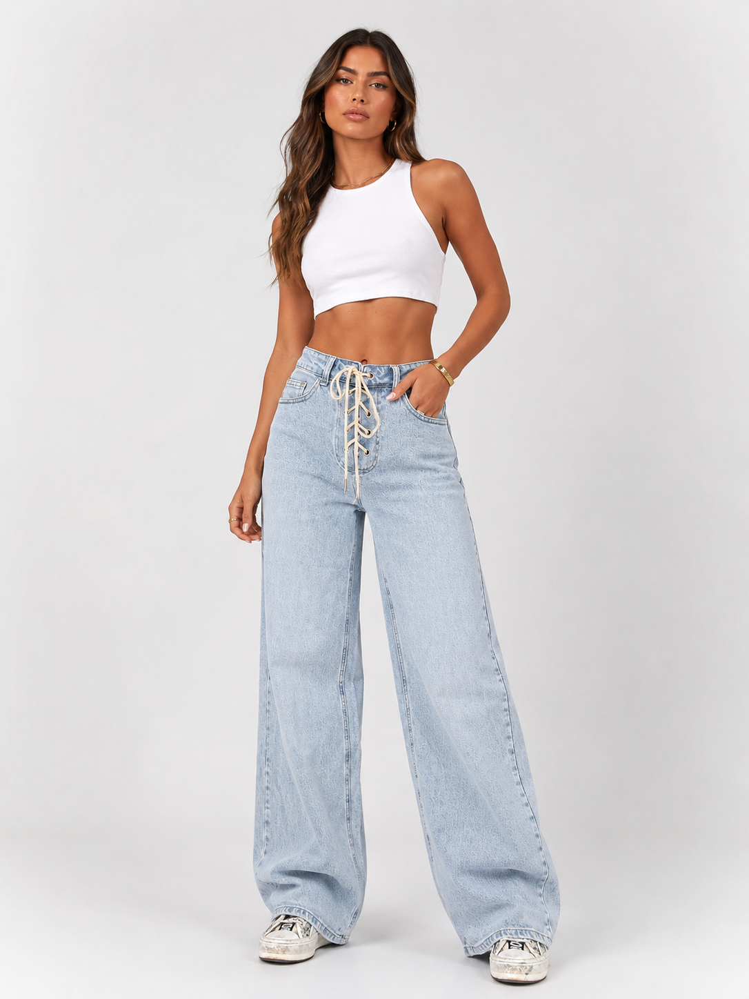 Lace-Up High-Waisted Wide Leg Jeans